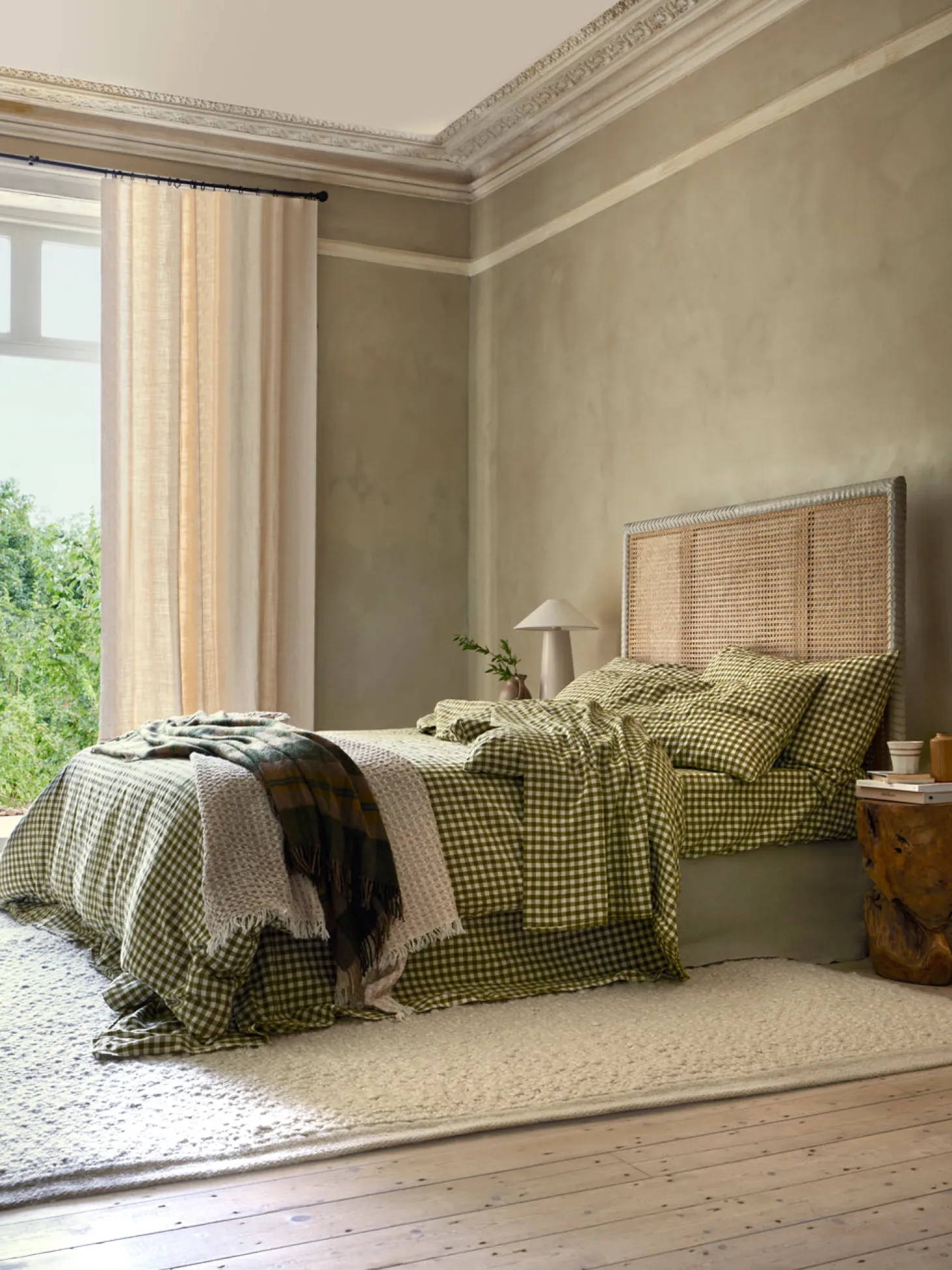 Botanical Green Gingham Linen Blend Duvet Cover