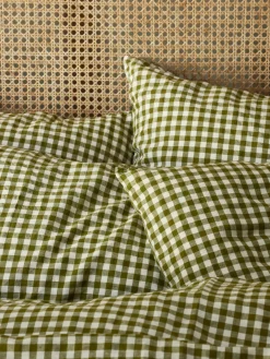 Botanical Green Gingham Linen Blend Pillowcase (Pair)