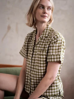 Botanical Green Gingham Linen Blend Pajama Short Set