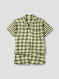 Botanical Green Gingham Linen Blend Pajama Short Set