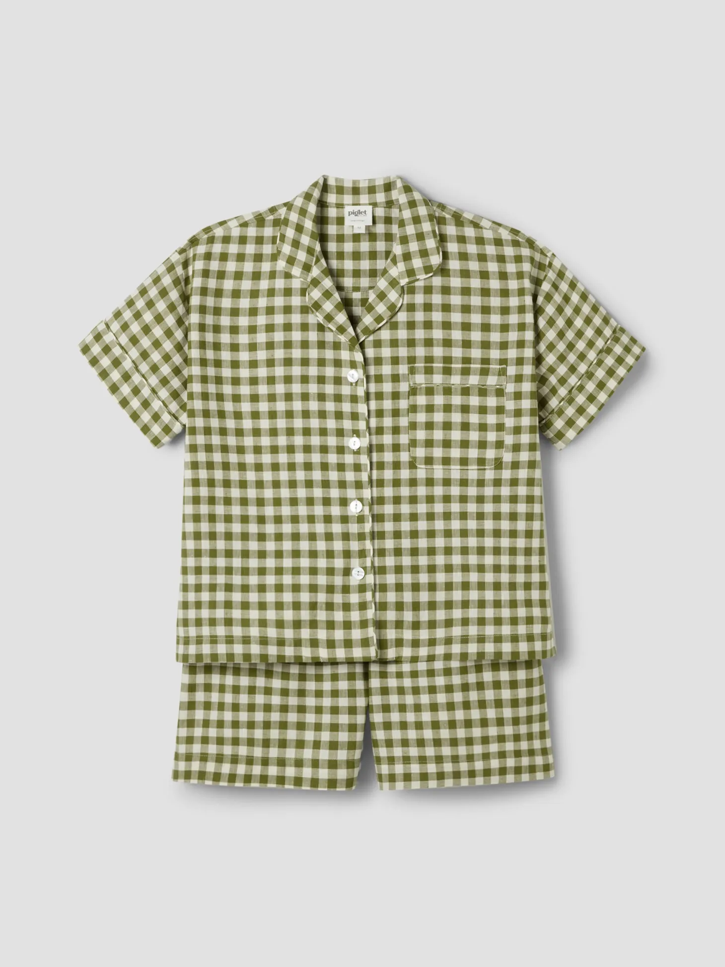 Botanical Green Gingham Linen Blend Pajama Short Set