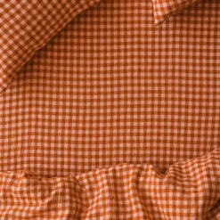Cinnamon & Peach Color Drenched Gingham 100% Linen Fitted Sheet