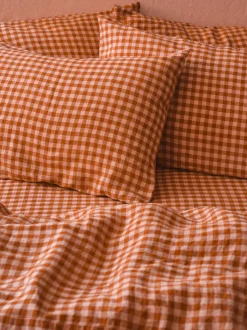 Cinnamon & Peach Colour Drenched Gingham Linen Blend Pillowcases (Pair)