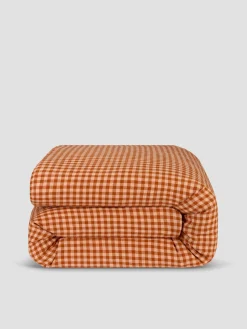 Cinnamon & Peach Colour Drenched Gingham Linen Blend Duvet Cover