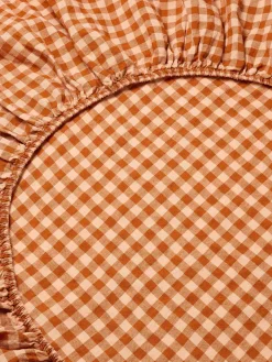 Cinnamon & Peach Colour Drenched Gingham Linen Blend Fitted Sheet