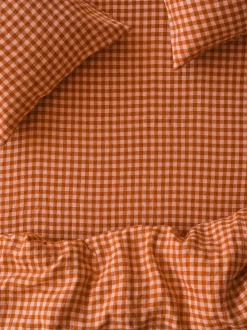 Cinnamon & Peach Colour Drenched Gingham Linen Blend Fitted Sheet