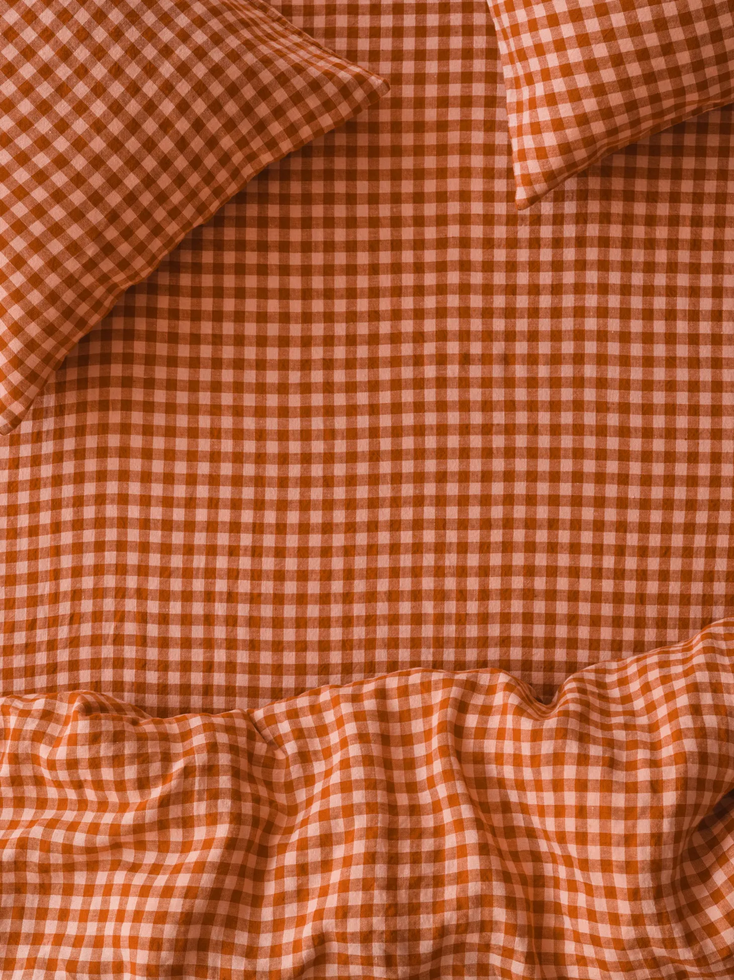 Cinnamon & Peach Colour Drenched Gingham Linen Blend Fitted Sheet