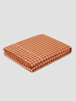 Cinnamon & Peach Colour Drenched Gingham Linen Blend Flat Sheet