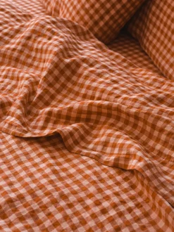 Cinnamon & Peach Colour Drenched Gingham Linen Blend Flat Sheet