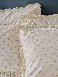 Cove Blue Martha Floral Cotton Frill Pillowcases (Pair)