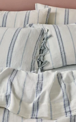 Dusk Blue Farmhouse Stripe 100% Linen Pillowcases (Pair)