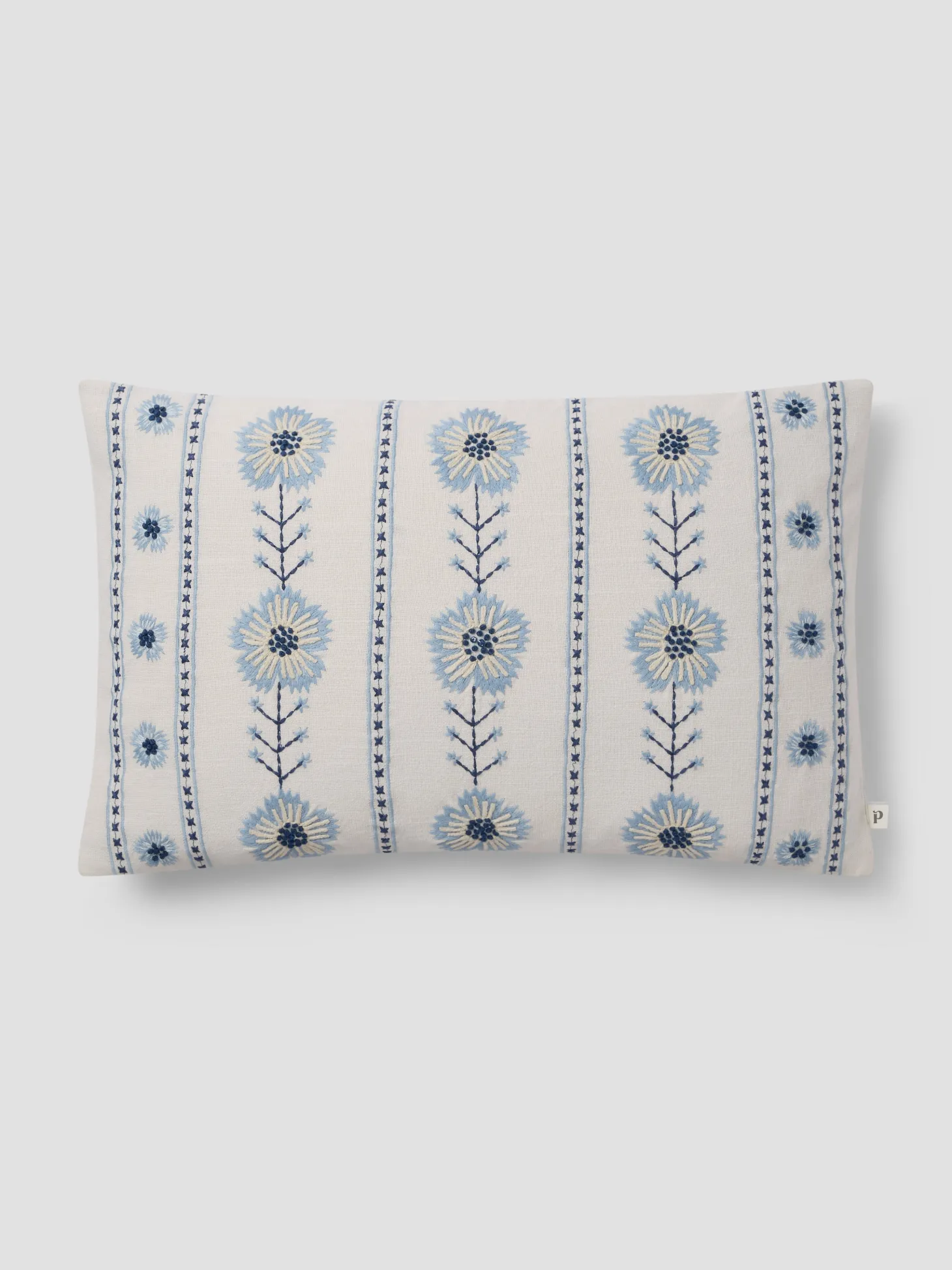 Dusk Blue Folk Floral Embroidered Filled Cushion
