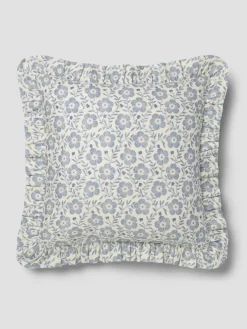 Dusk Blue Folk Floral Frill Linen Blend Filled Cushion