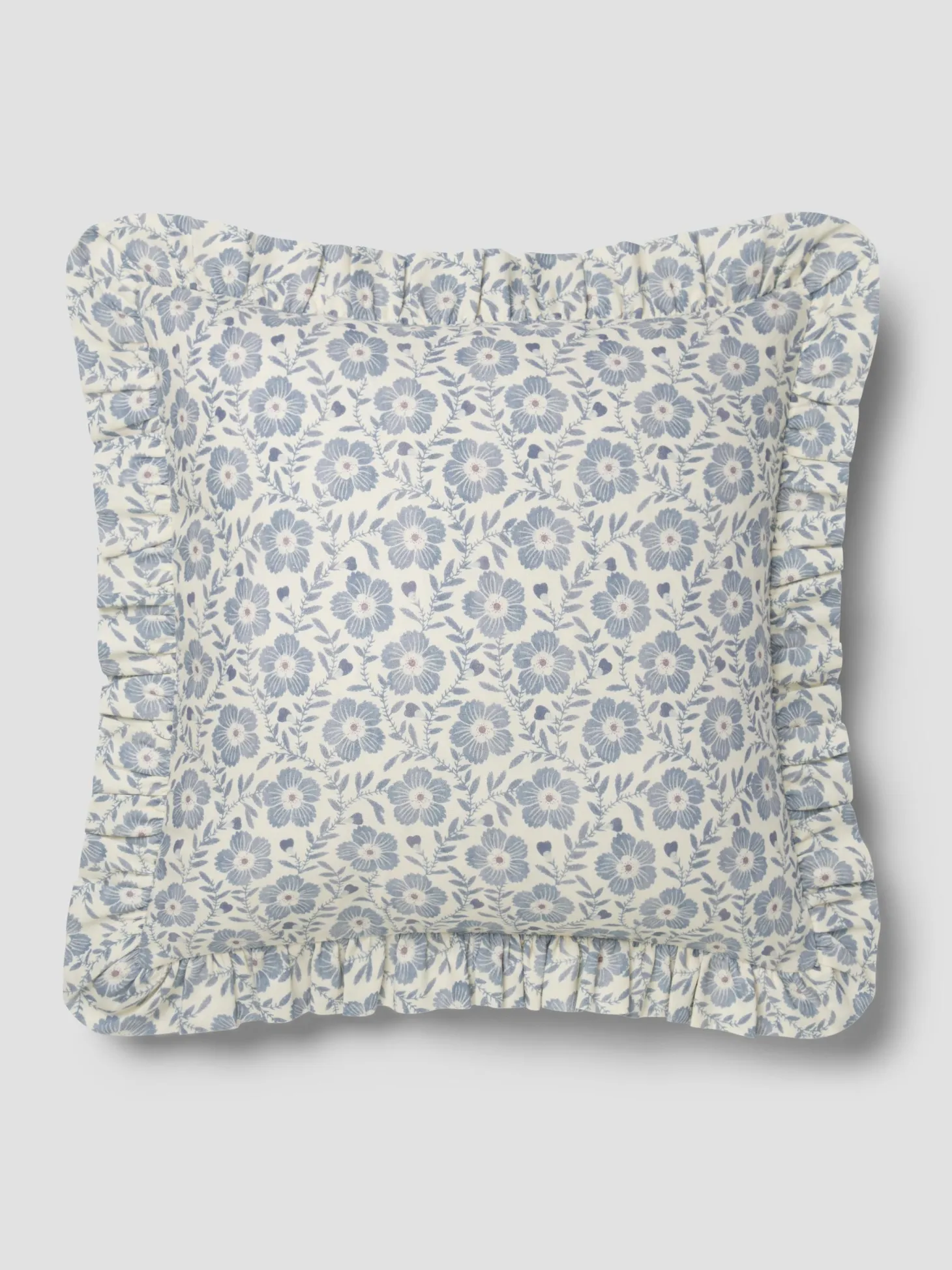 Dusk Blue Folk Floral Frill Linen Blend Filled Cushion
