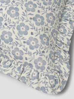 Dusk Blue Folk Floral Frill Linen Blend Filled Cushion