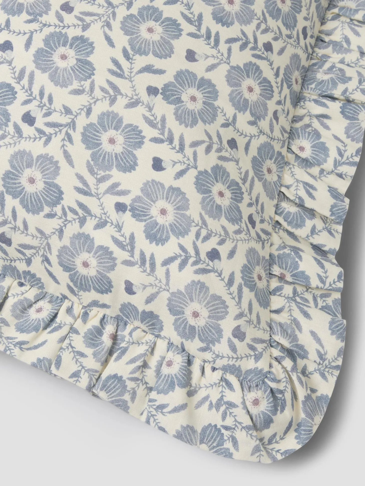Dusk Blue Folk Floral Frill Linen Blend Filled Cushion