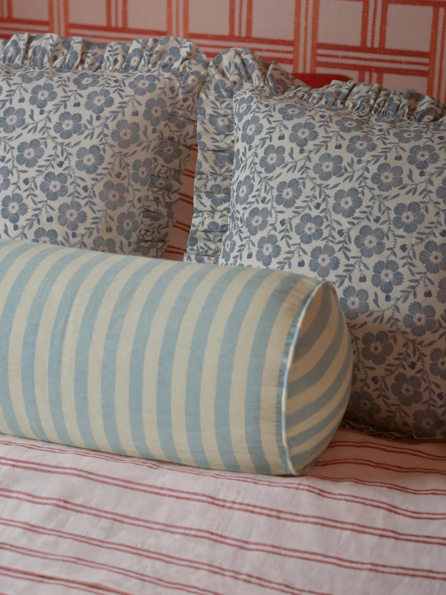 Dusk Blue Folk Floral Frill Linen Blend Filled Cushion