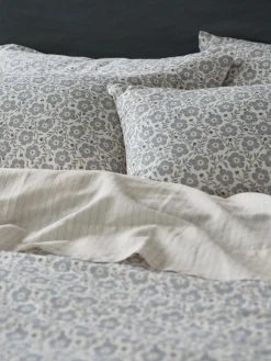 Dusk Blue Folk Floral Linen Blend Pillowcases (Pair)
