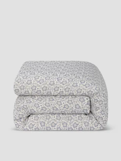 Dusk Blue Folk Floral Linen Blend Duvet Cover
