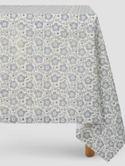 Dusk Blue Folk Floral Linen Blend Tablecloth