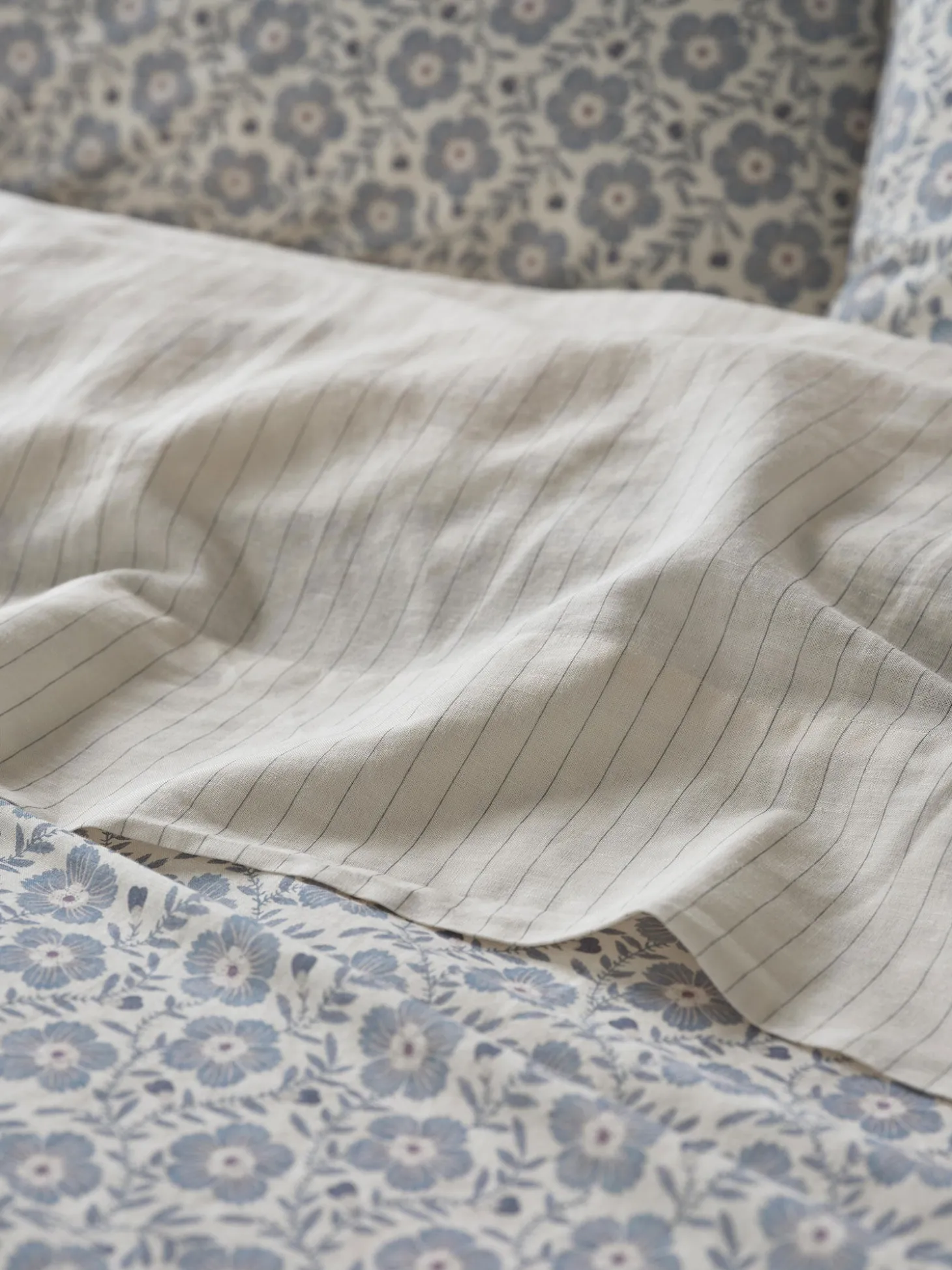 Dusk Blue Folk Stripe Linen Blend Flat Sheet