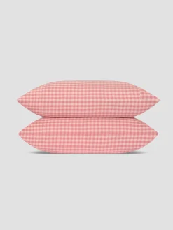 Dusty Pink & Rose Color Drenched Gingham Linen Blend Pillowcases (Pair)