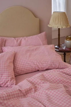 Dusty Pink & Rose Color Drenched Gingham Linen Blend Flat Sheet