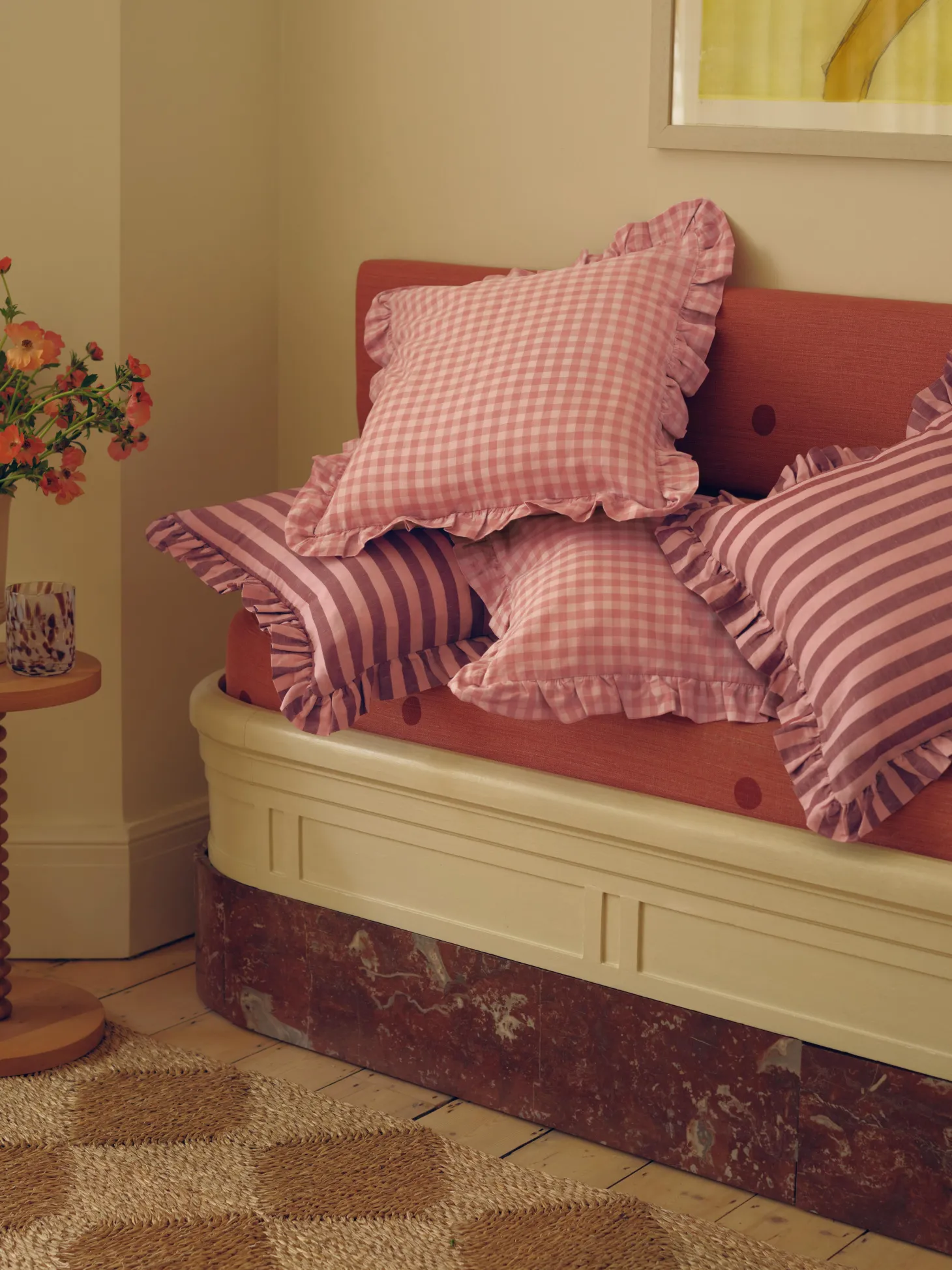 Dusty Pink & Rose Gingham Frill Linen Blend Filled Cushion