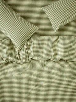 Elm Green & Butter Yellow Color Drenched Gingham Linen Blend Duvet Cover