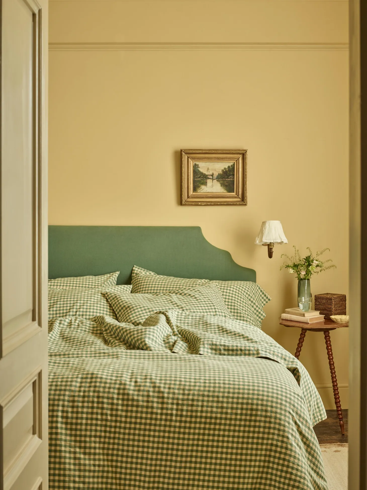 Elm Green & Butter Yellow Color Drenched Gingham Linen Blend Flat Sheet