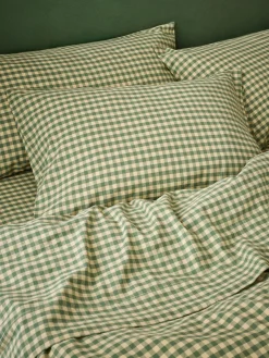 Elm Green & Butter Yellow Color Drenched Gingham Linen Blend Pillowcases (Pair)