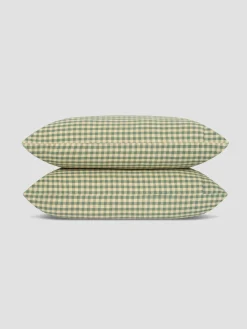 Elm Green & Butter Yellow Color Drenched Gingham Linen Blend Pillowcases (Pair)