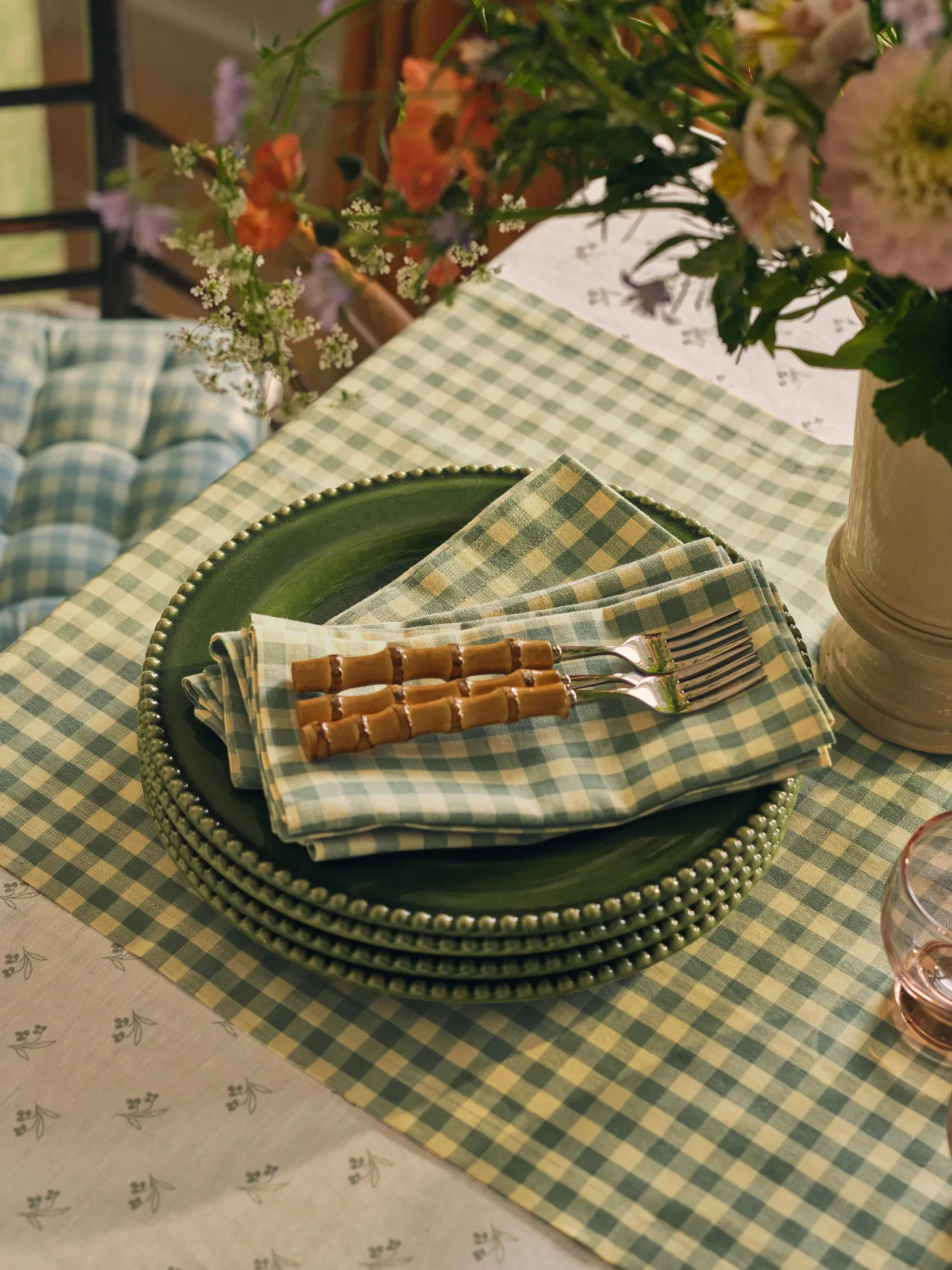 Elm Green & Butter Yellow Gingham Linen Blend Table Runner
