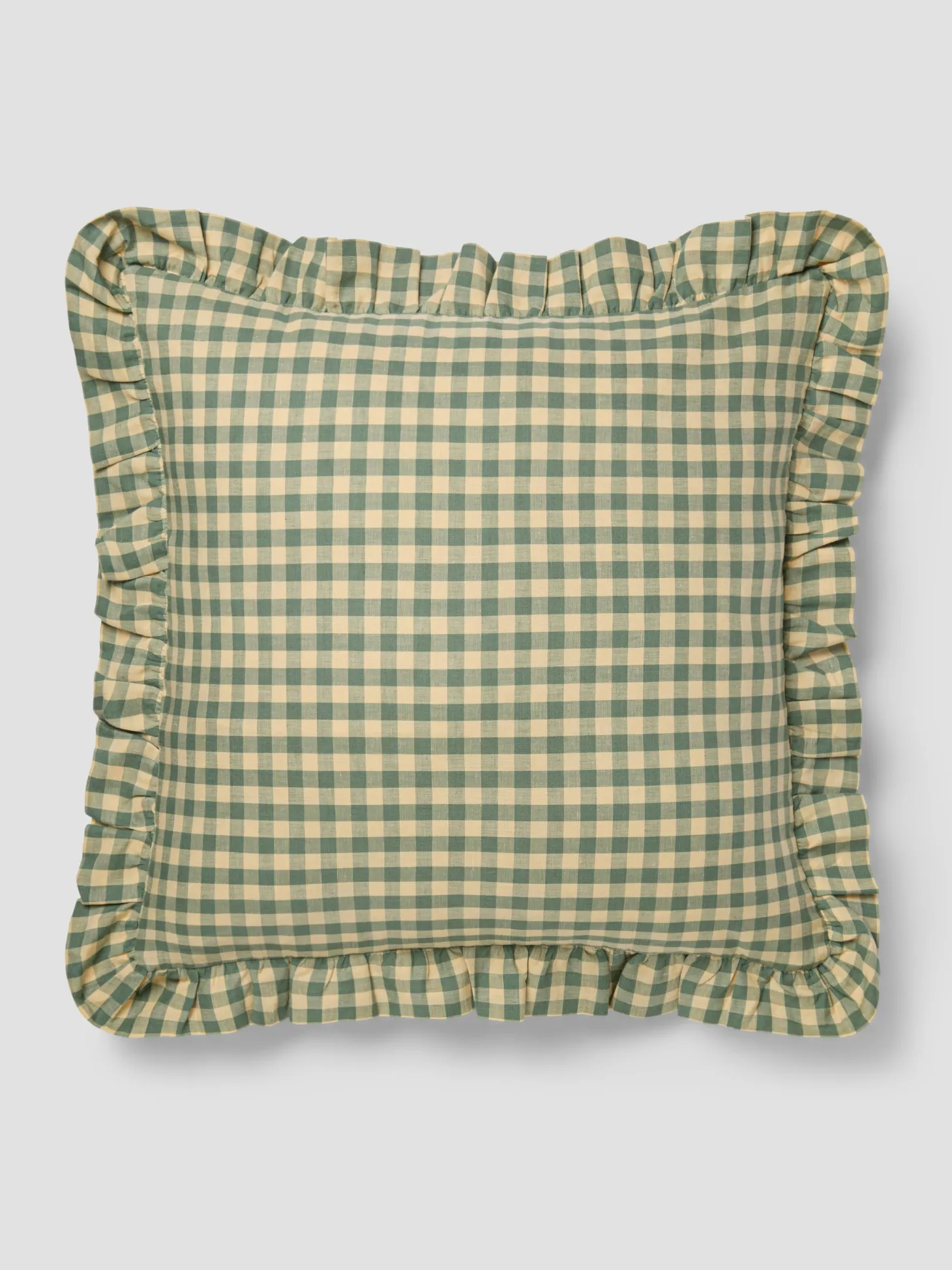 Elm Green & Butter Yellow Gingham Frill Linen Blend Filled Cushion
