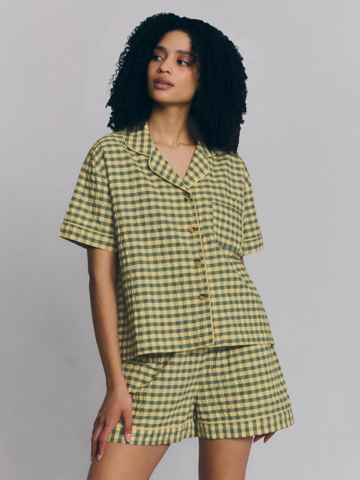 Elm Green & Butter Yellow Gingham Cotton Shorts Set