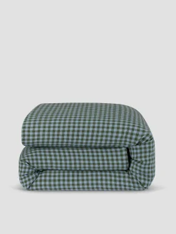 Fern Green & Dusk Blue Color Drenched Gingham 100% Linen Duvet Cover