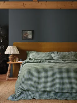Fern Green & Dusk Blue Color Drenched Gingham 100% Linen Duvet Cover