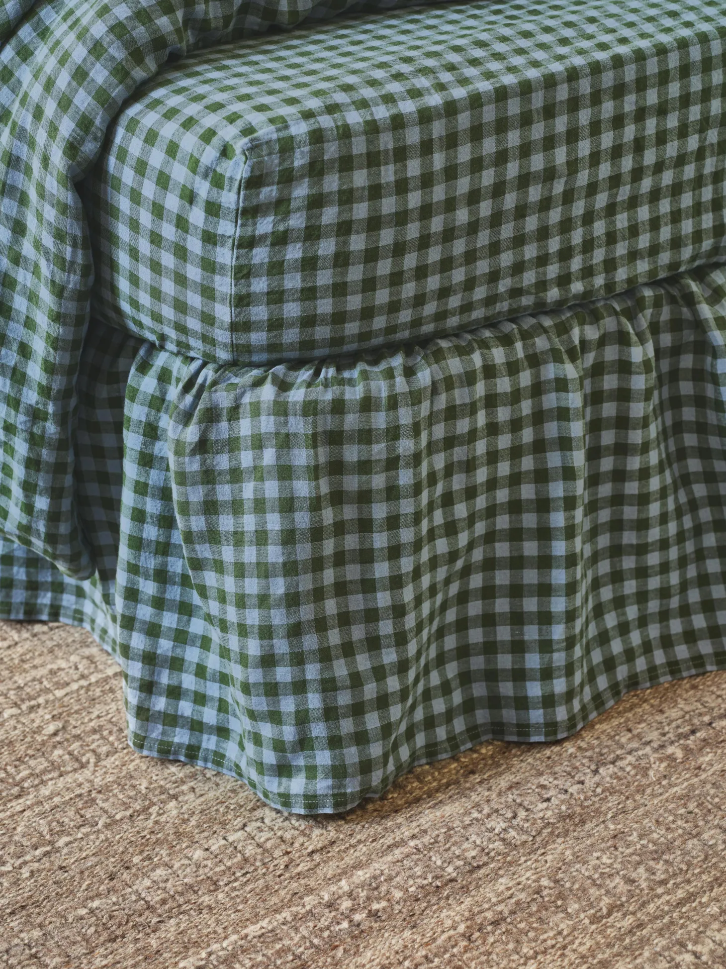Fern Green & Dusk Blue Color Drenched Gingham Linen Blend Bed Skirt