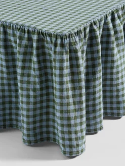 Fern Green & Dusk Blue Color Drenched Gingham Linen Blend Bed Skirt