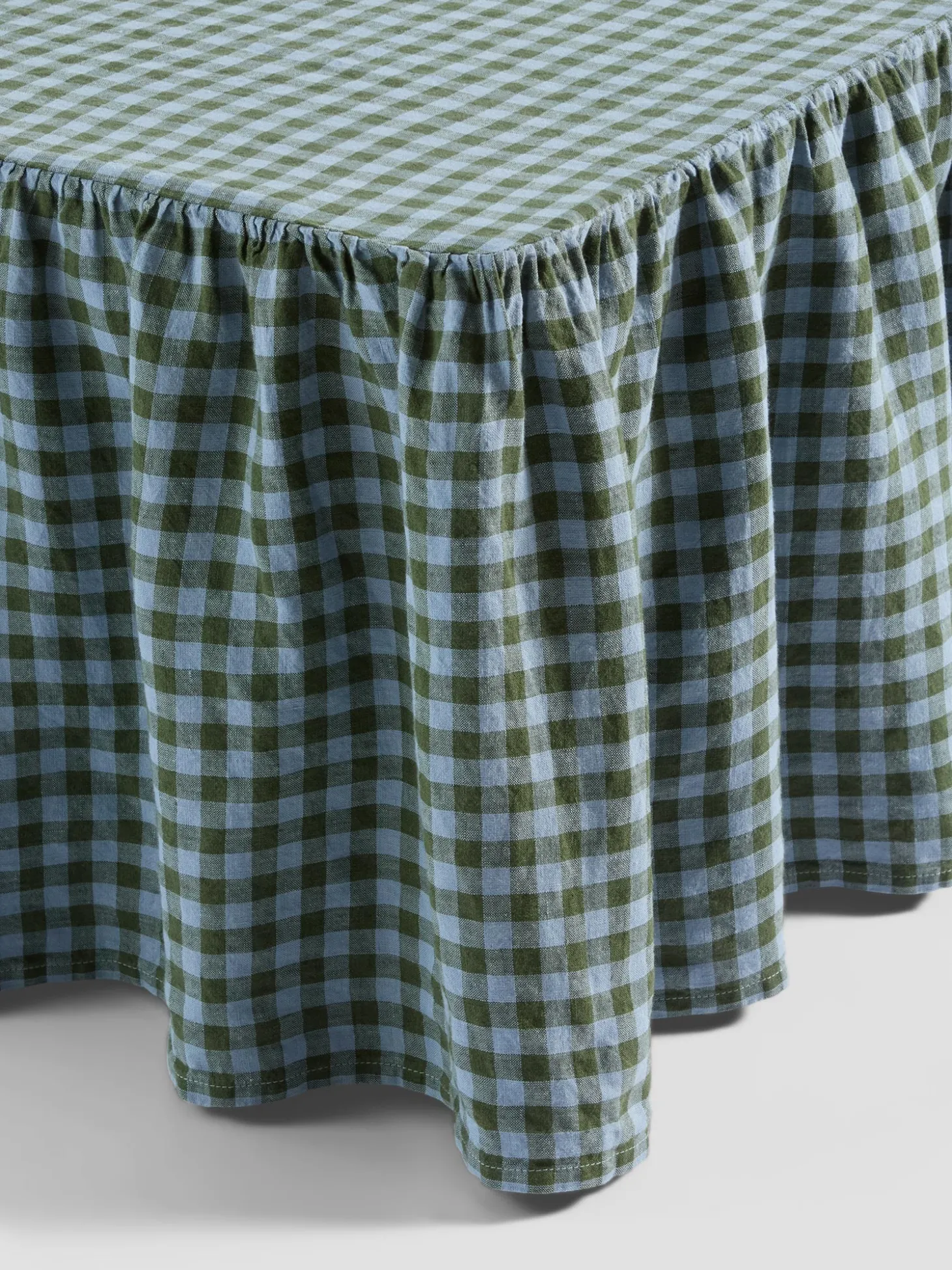 Fern Green & Dusk Blue Color Drenched Gingham Linen Blend Bed Skirt