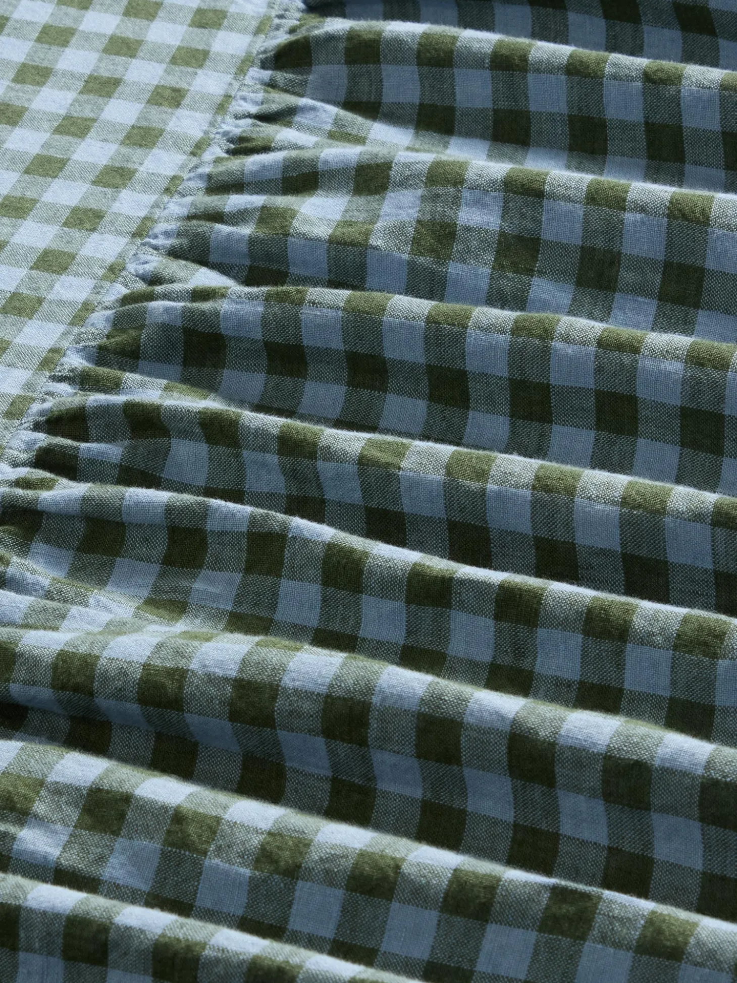 Fern Green & Dusk Blue Color Drenched Gingham Linen Blend Bed Skirt