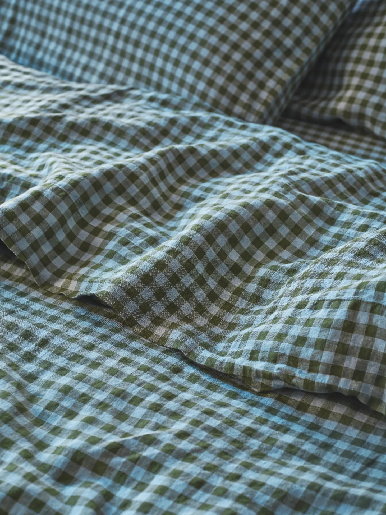 Fern Green & Dusk Blue Color Drenched Gingham 100% Linen Flat Sheet