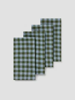 Fern Green & Dusk Blue Color Drenched Gingham Linen Blend Napkins Set of 4