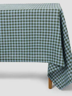 Fern Green & Dusk Blue Color Drenched Gingham Linen Blend Tablecloth