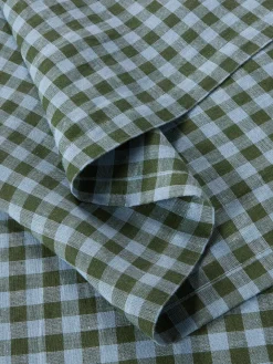 Fern Green & Dusk Blue Color Drenched Gingham Linen Blend Table Runner