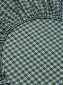 Fern Green & Dusk Blue Color Drenched Gingham 100% Linen Fitted Sheet