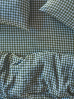 Fern Green & Dusk Blue Color Drenched Gingham 100% Linen Fitted Sheet
