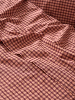 Fig & Blush Pink Gingham Washed Cotton Percale Flat Sheet