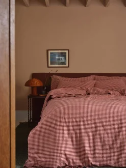 Fig & Blush Pink Gingham Washed Cotton Percale Duvet Cover