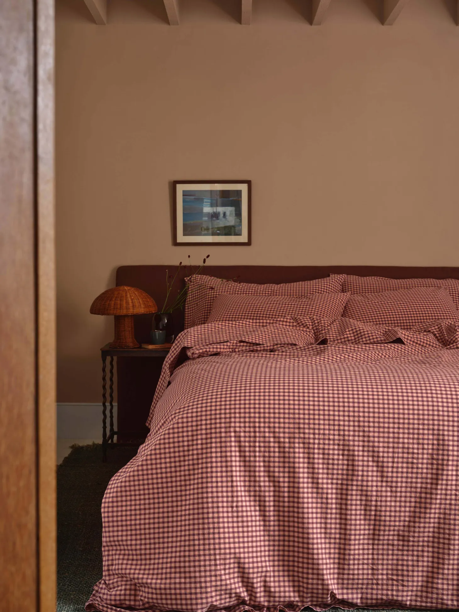 Fig & Blush Pink Gingham Washed Cotton Percale Duvet Cover